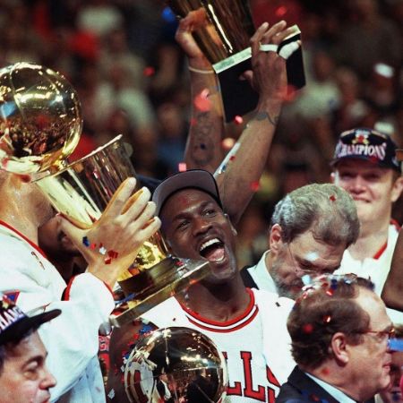 Ysabel Jordan's father Michael Jordan celebrating an old victory. 